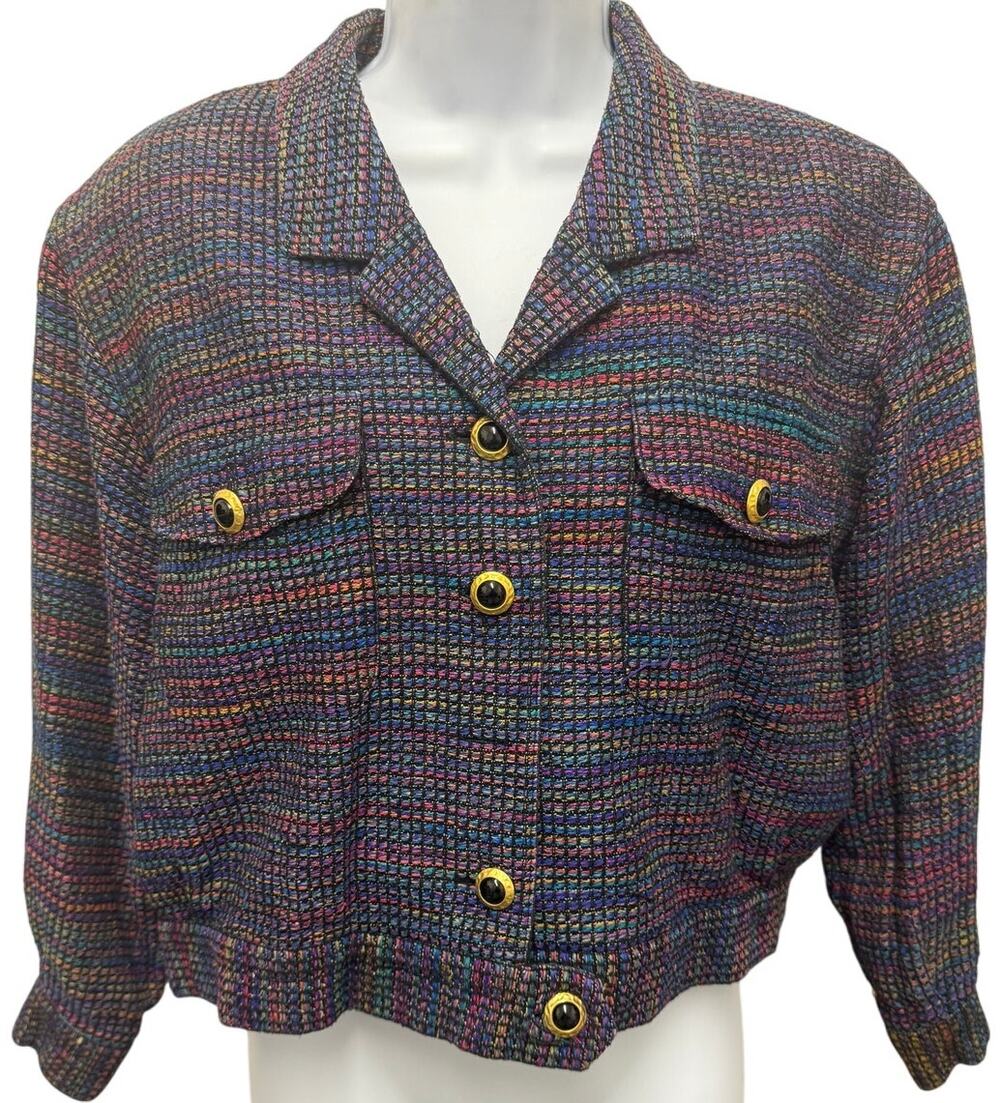VTG Doncaster Womens XL Silk Tweed Cropped Jacket Rainbow button boxy Black